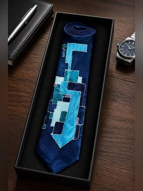 Geometric Navy Silk Tie with Aqua Blue Graphic